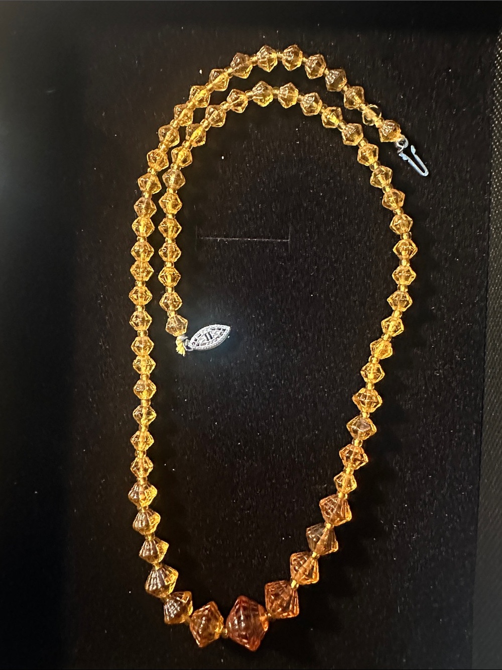 Antique 1930s Art Deco Czech Amber Glass Bicone Necklace - Sterling Silver Clasp